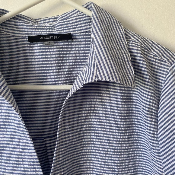 August Silk Navy Striped Collared Embroidered Floral Blouse M - Picture 3 of 4